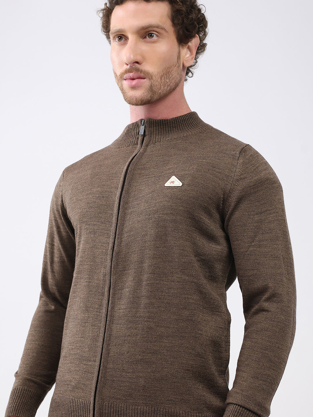 Men Brown Solid Mock Neck Full Sleeve Pullover
