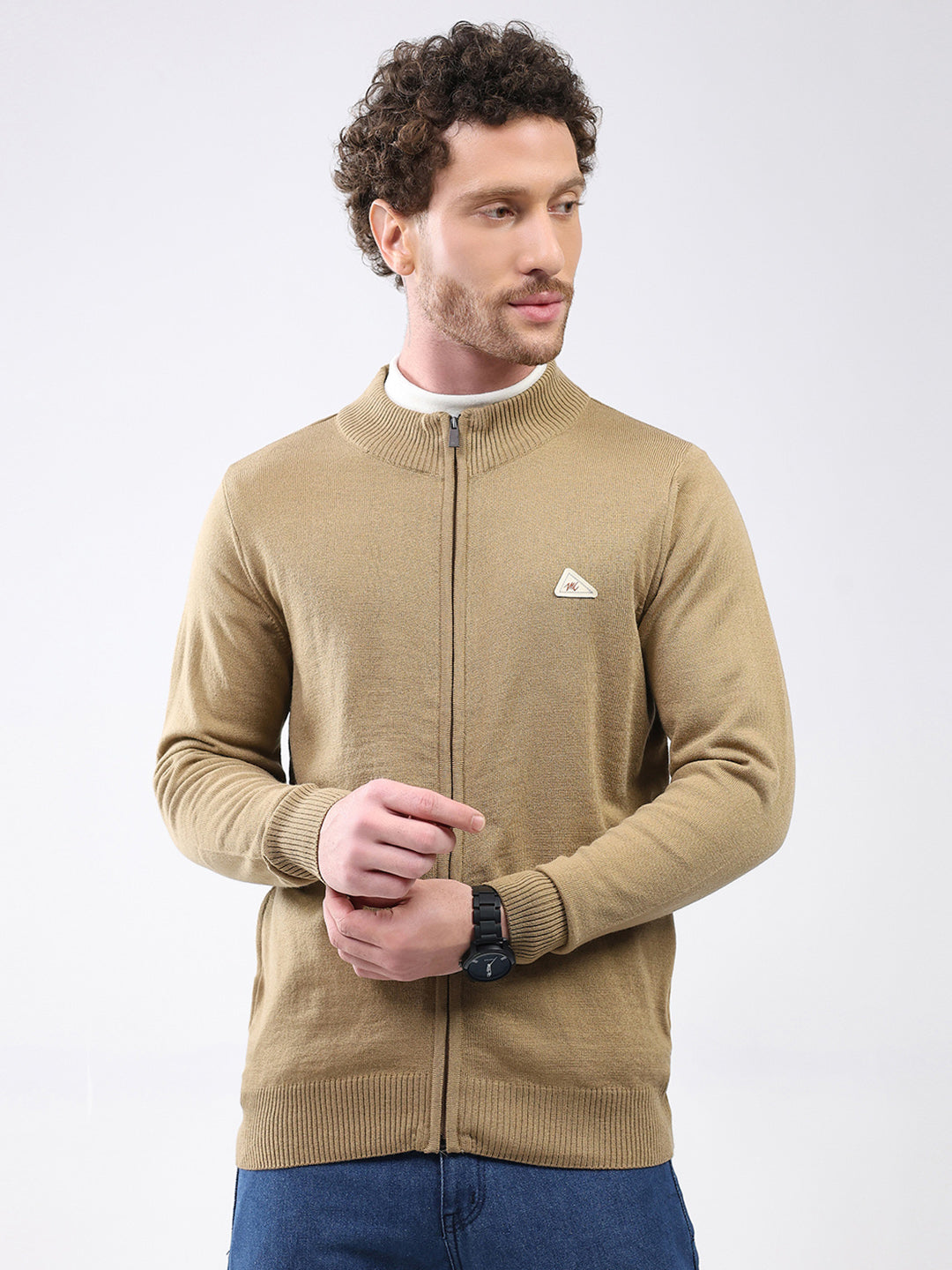 Men Khaki Solid Mock Neck Full Sleeve Pullover