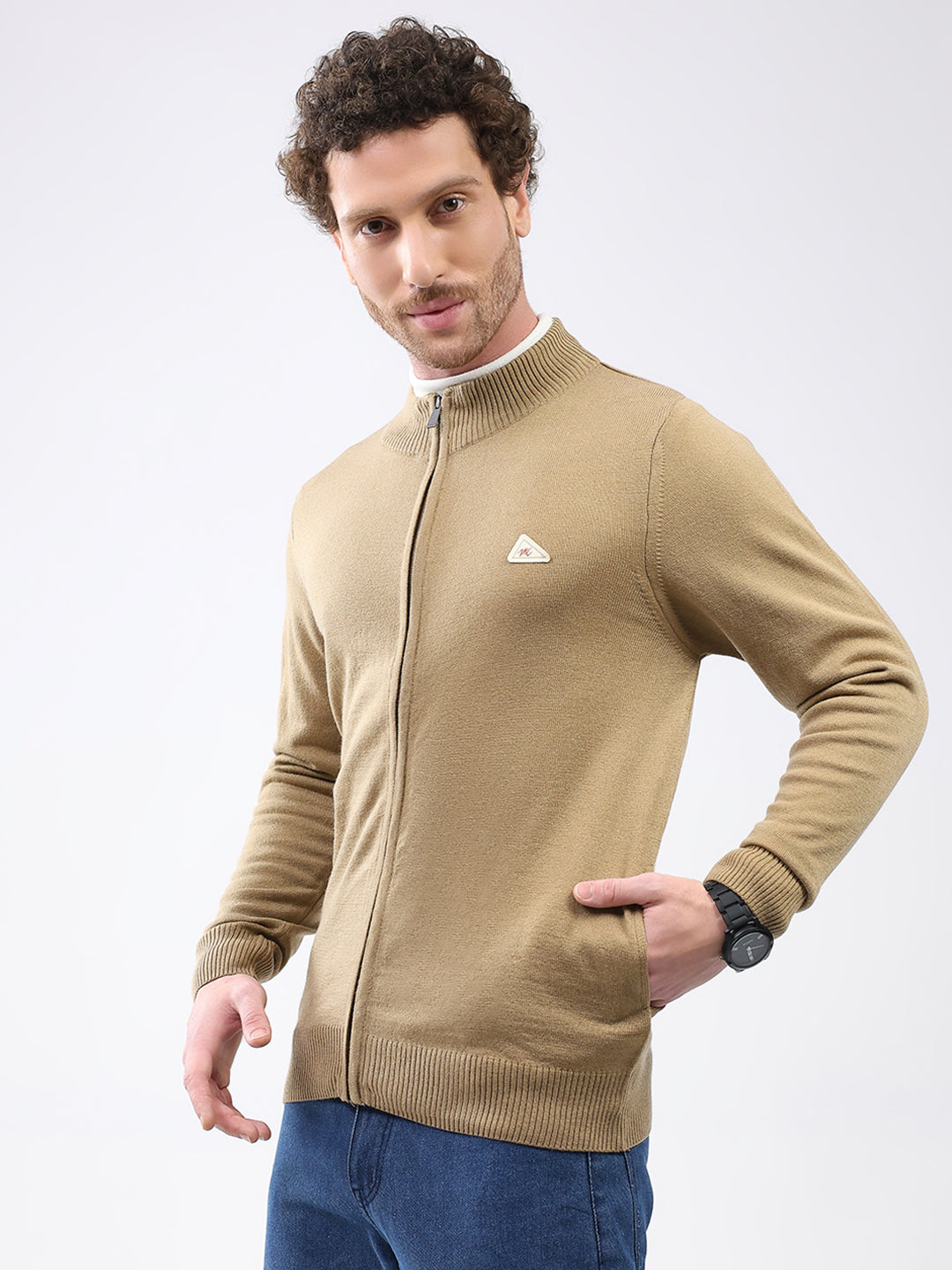 Men Khaki Solid Mock Neck Full Sleeve Pullover