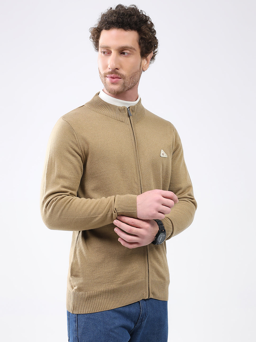 Men Khaki Solid Mock Neck Full Sleeve Pullover