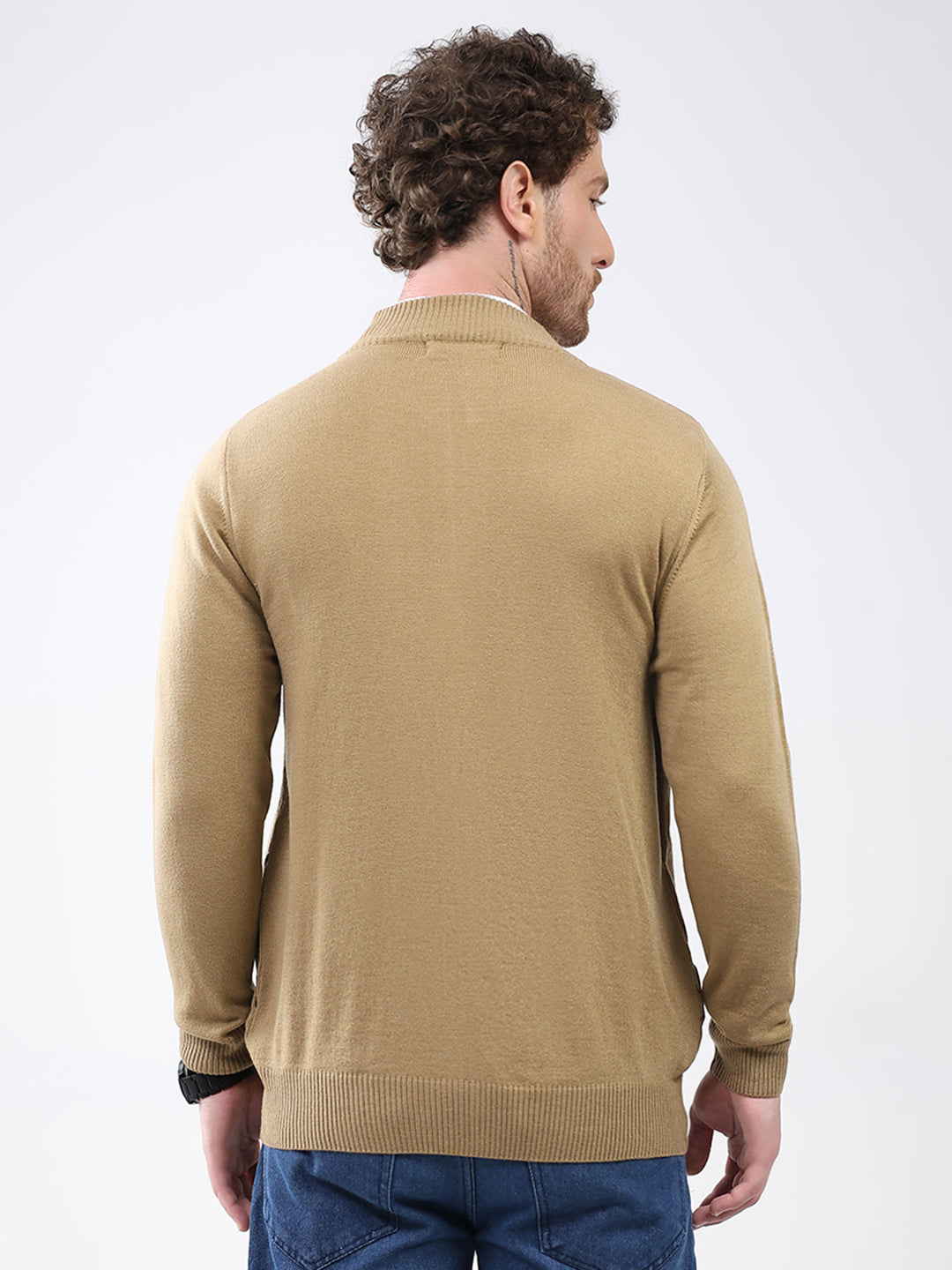 Men Khaki Solid Mock Neck Full Sleeve Pullover