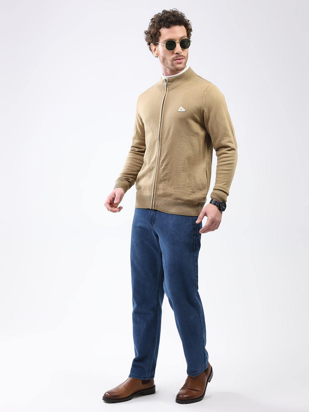 Men Khaki Solid Mock Neck Full Sleeve Pullover