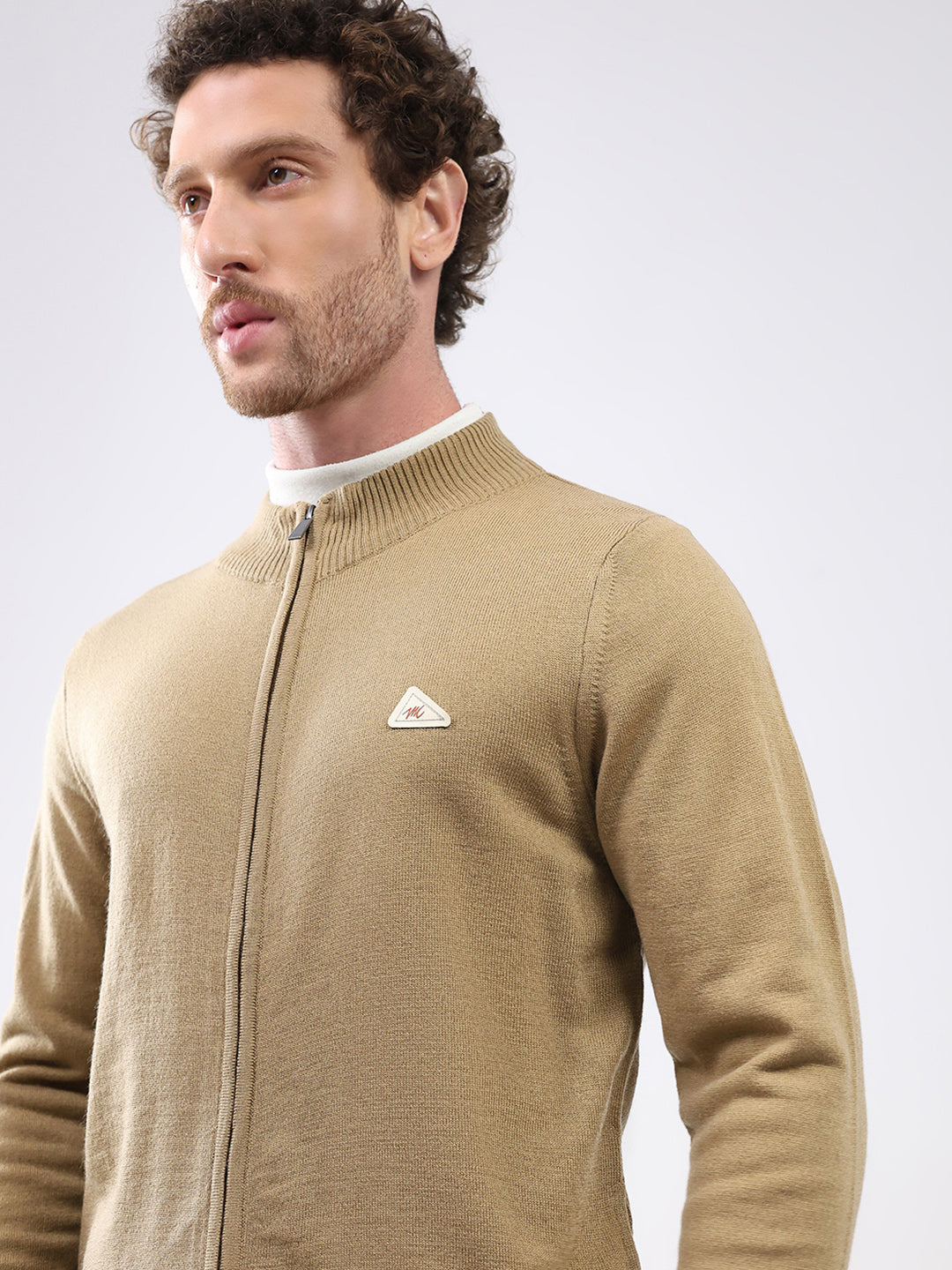 Men Khaki Solid Mock Neck Full Sleeve Pullover