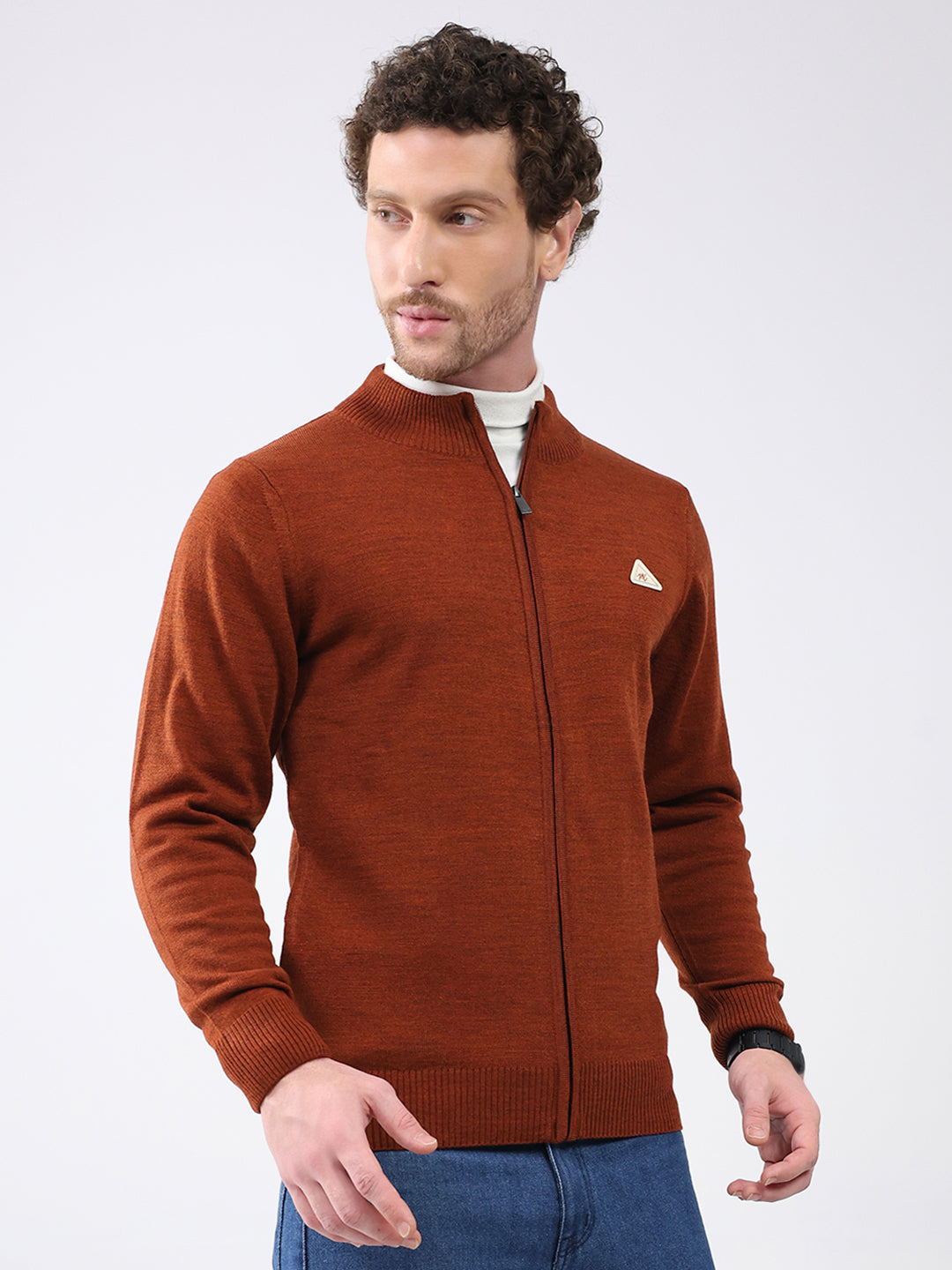 Men Rust Solid Mock Neck Full Sleeve Pullover