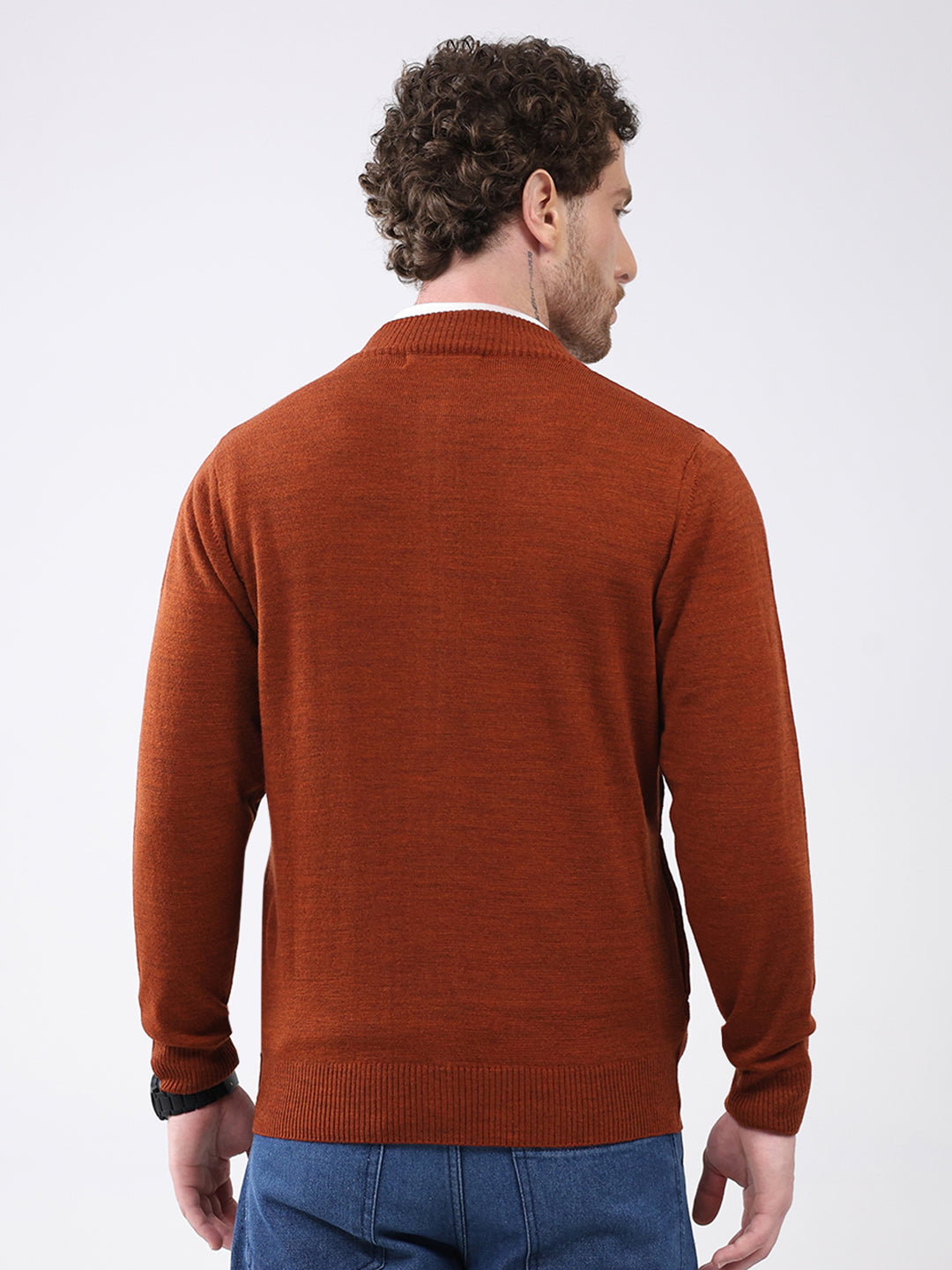 Men Rust Solid Mock Neck Full Sleeve Pullover