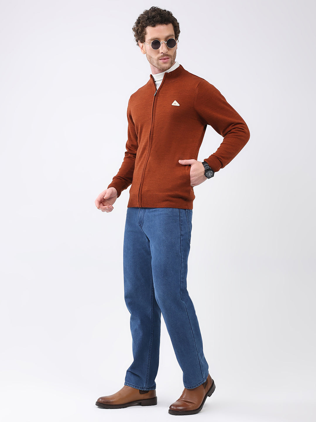 Men Rust Solid Mock Neck Full Sleeve Pullover