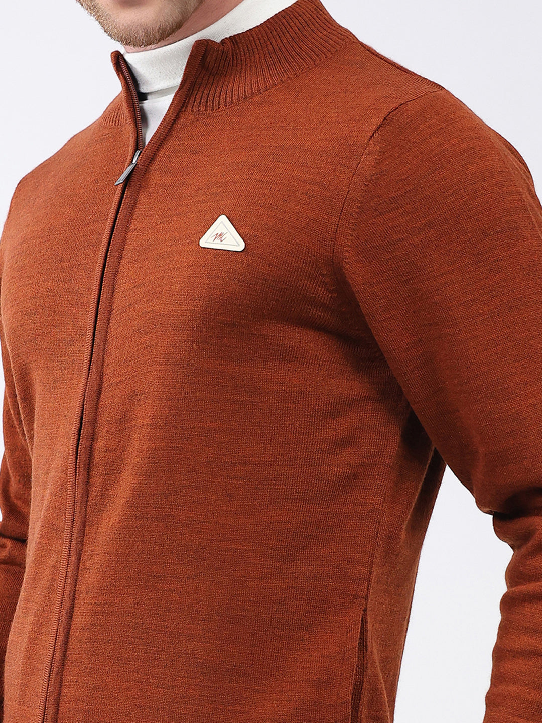 Men Rust Solid Mock Neck Full Sleeve Pullover