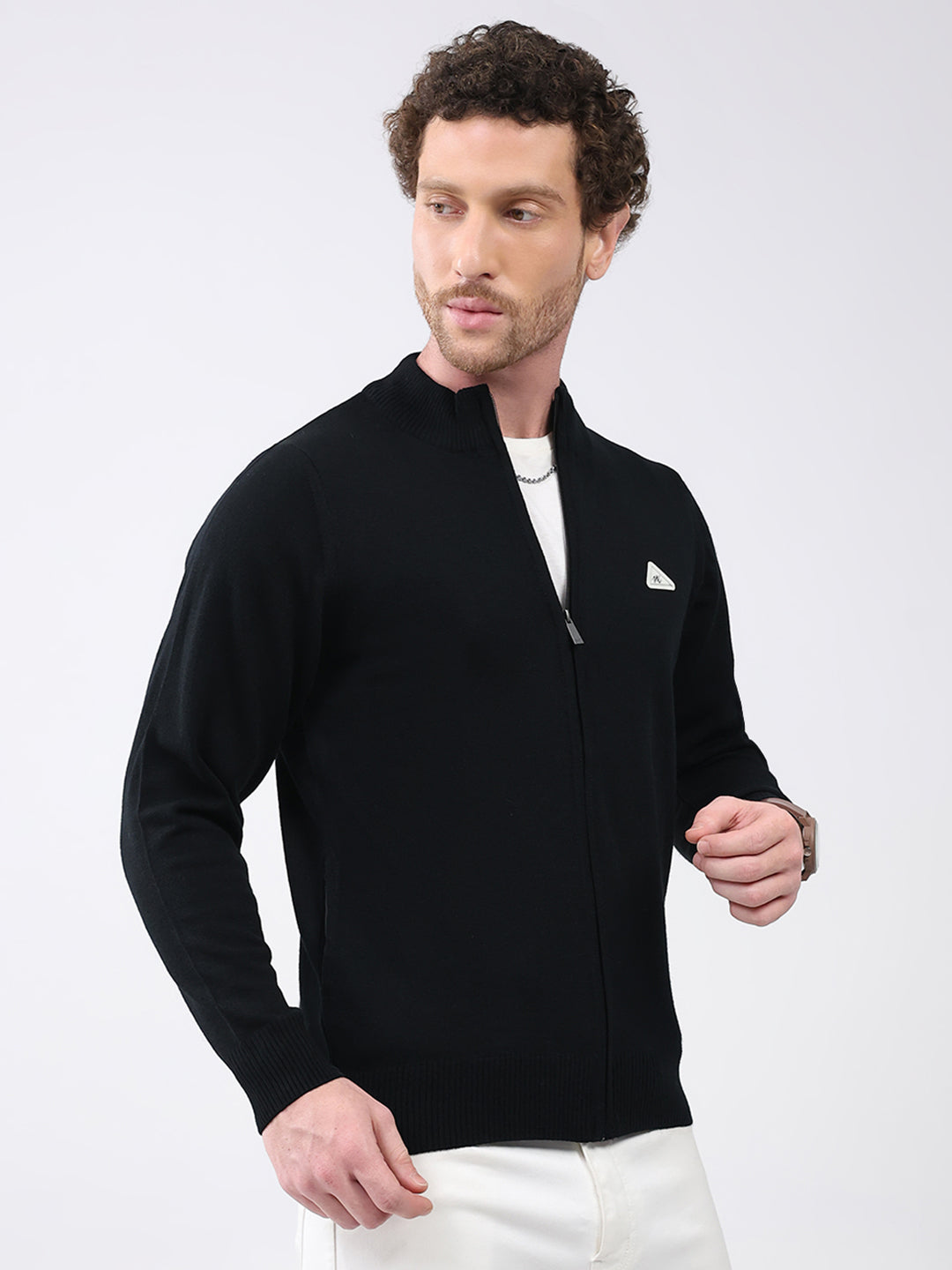 Men Black Solid Mock Neck Full Sleeve Pullover