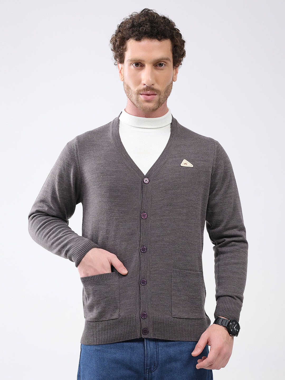Men Charcoal Solid V Neck Full Sleeve Cardigan