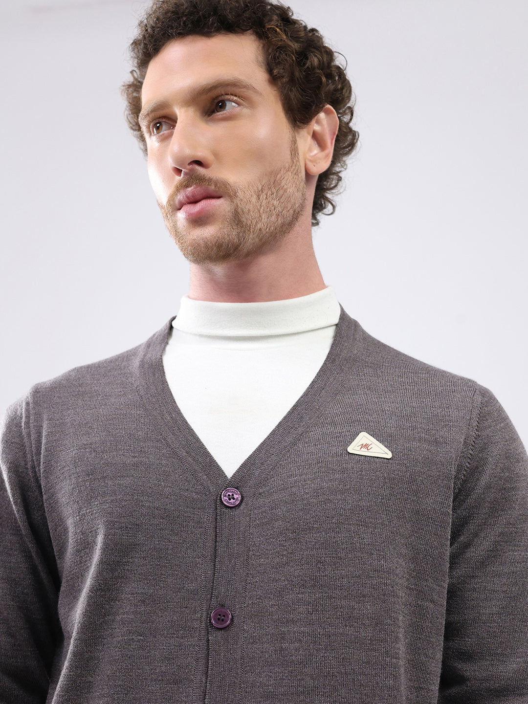 Men Charcoal Solid V Neck Full Sleeve Cardigan