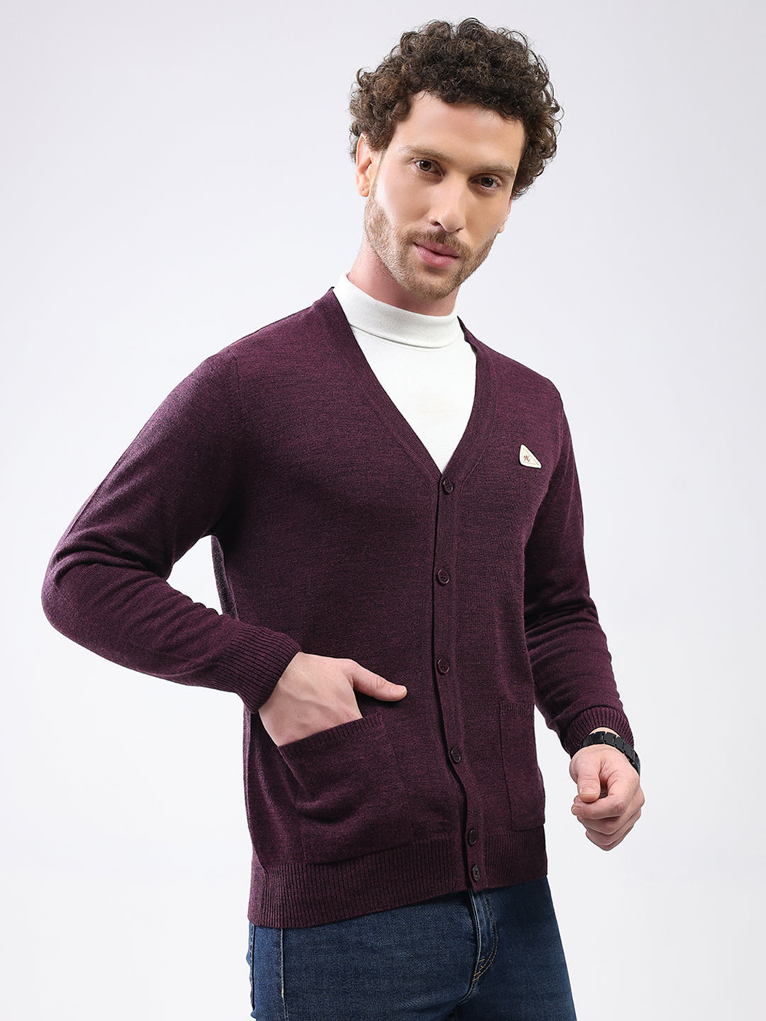 Men Purple Solid V Neck Full Sleeve Cardigan