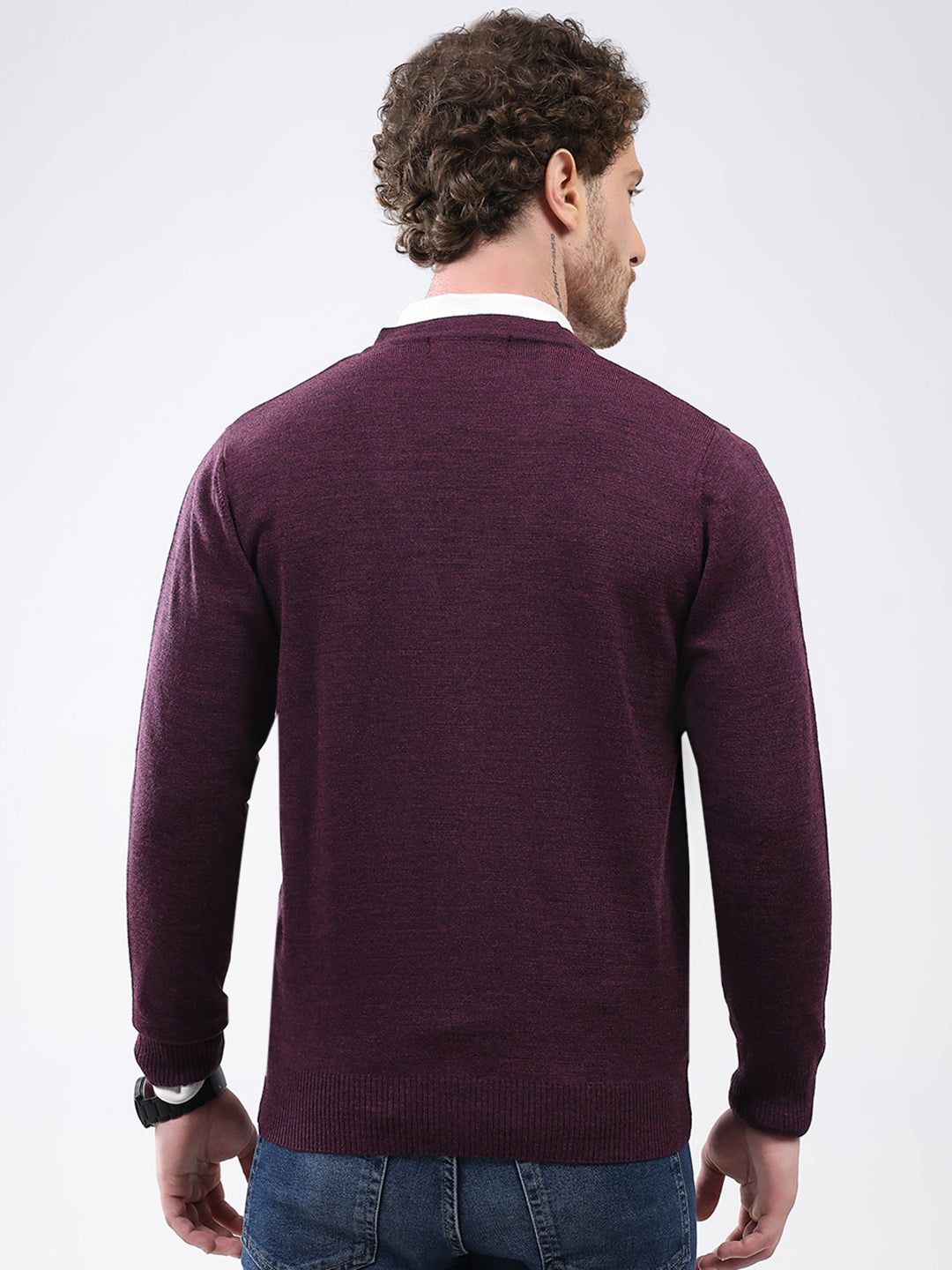 Men Purple Solid V Neck Full Sleeve Cardigan