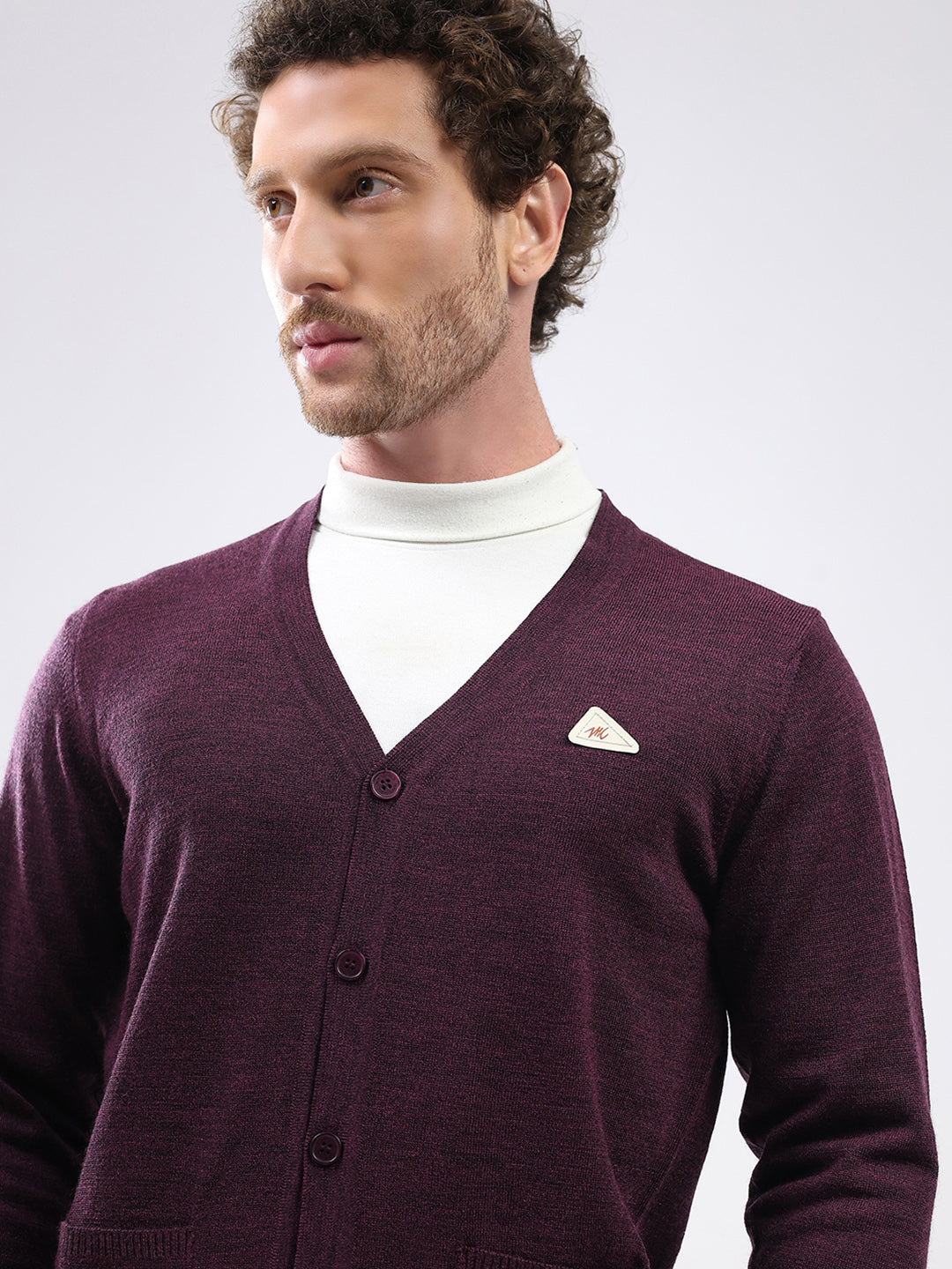 Men Purple Solid V Neck Full Sleeve Cardigan