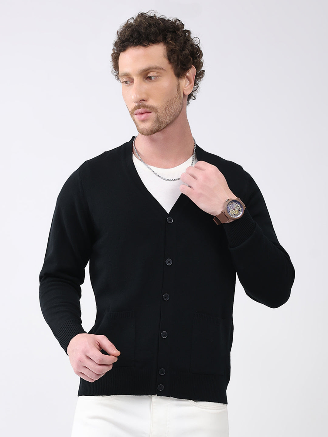 Buy Men Black Solid V Neck Full Sleeve Cardigan Online in India