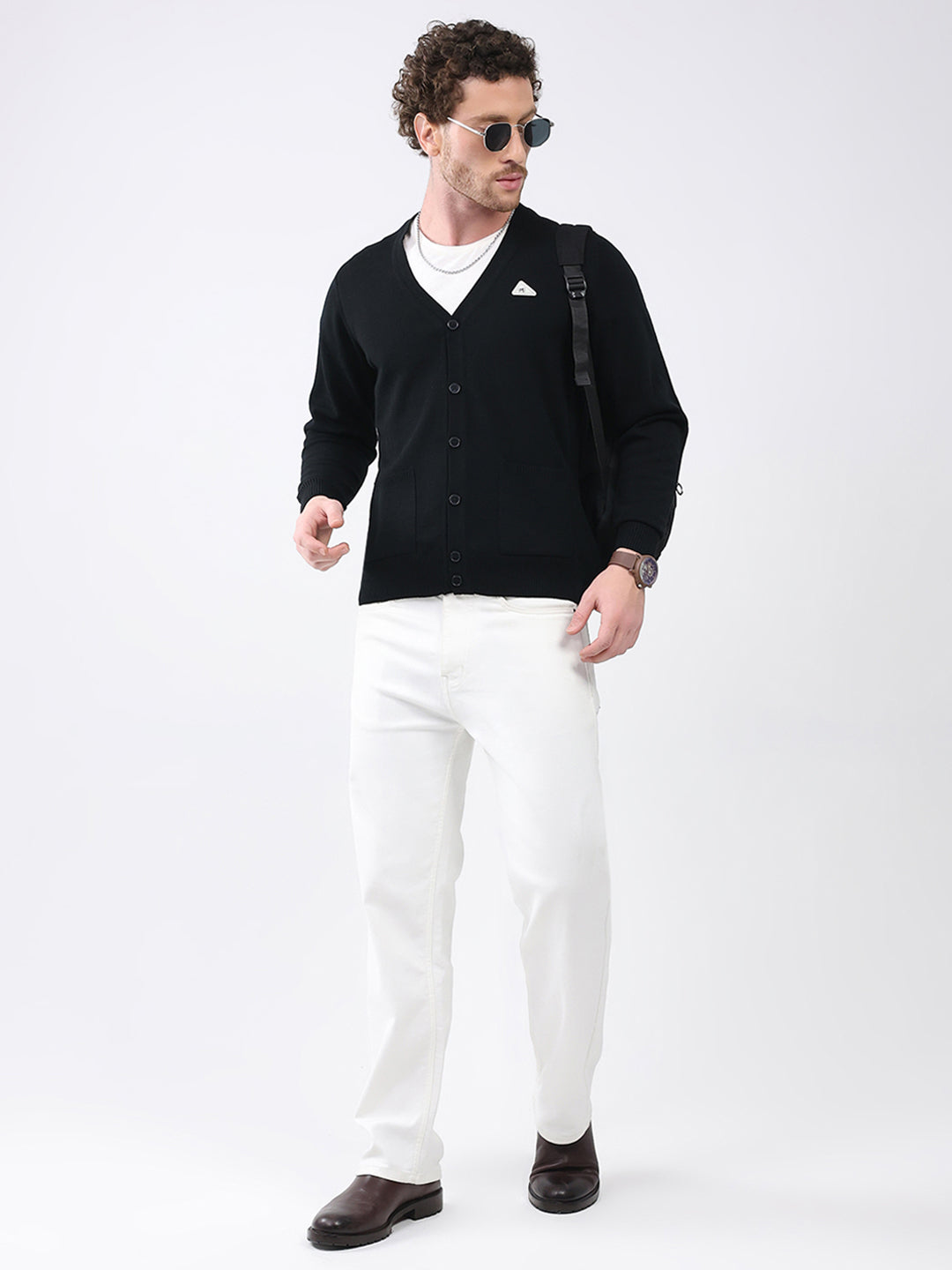 Men Black Solid V Neck Full Sleeve Cardigan