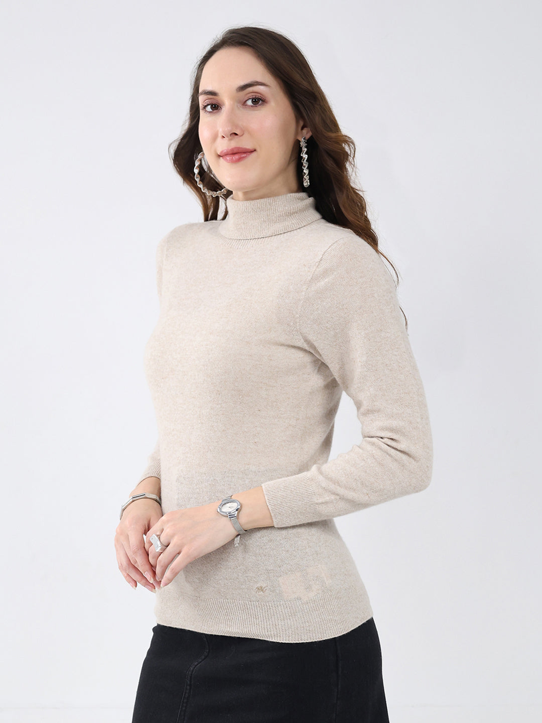 Women Beige Solid High Neck Full Sleeve Winter Top