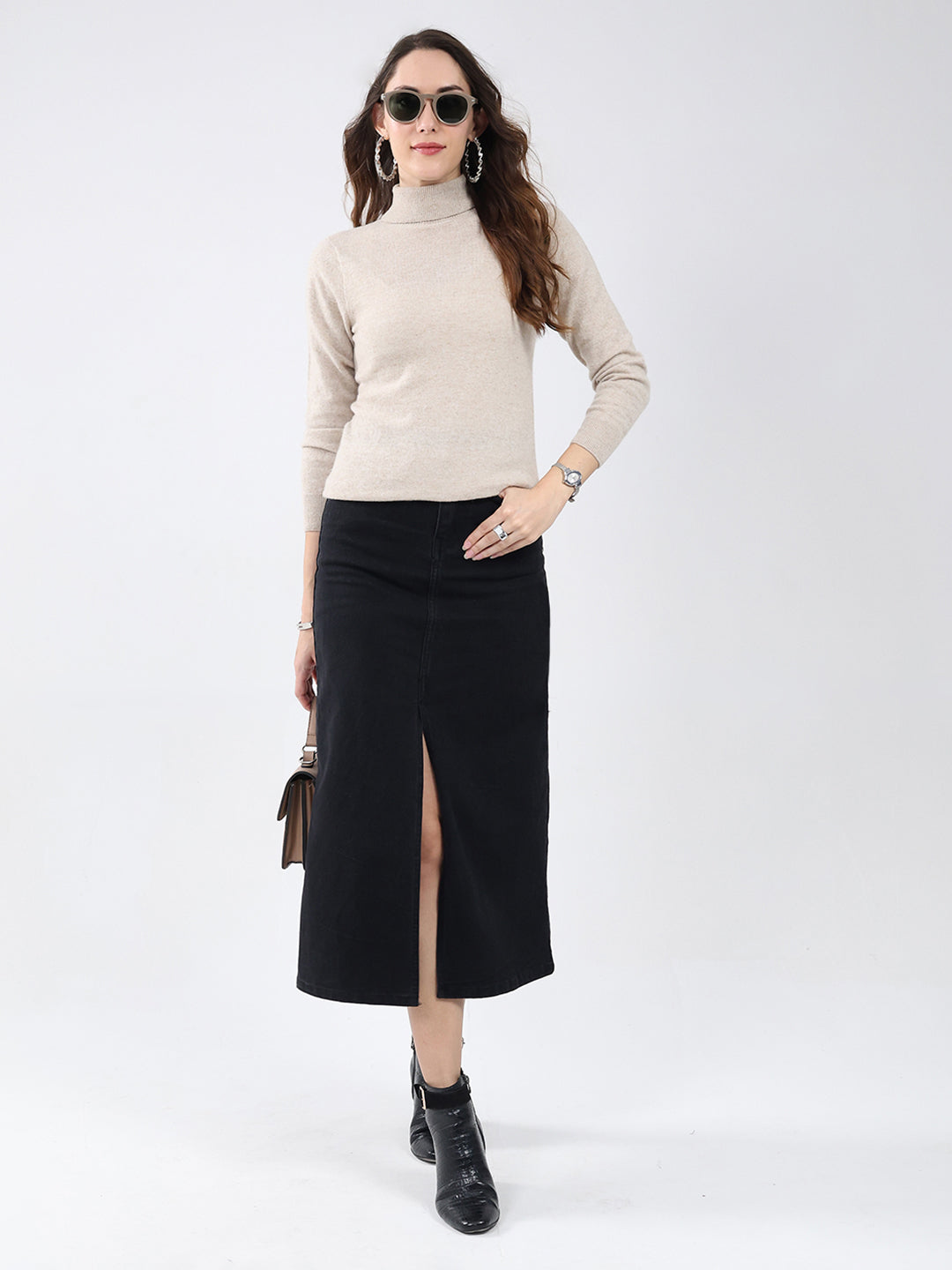 Women Beige Solid High Neck Full Sleeve Winter Top