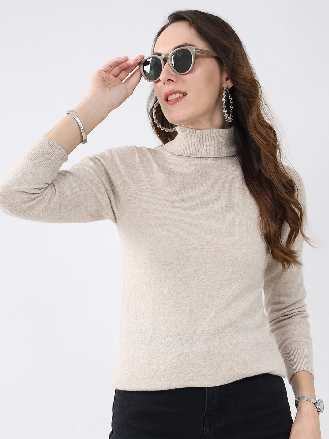 Women Beige Solid High Neck Full Sleeve Winter Top
