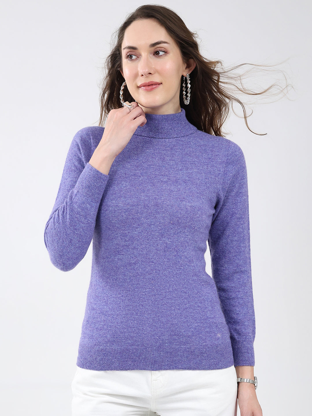 Women Purple Solid High Neck Full Sleeve Winter Top