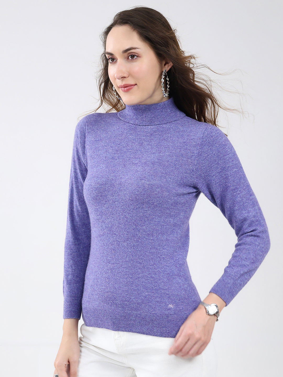 Women Purple Solid High Neck Full Sleeve Winter Top