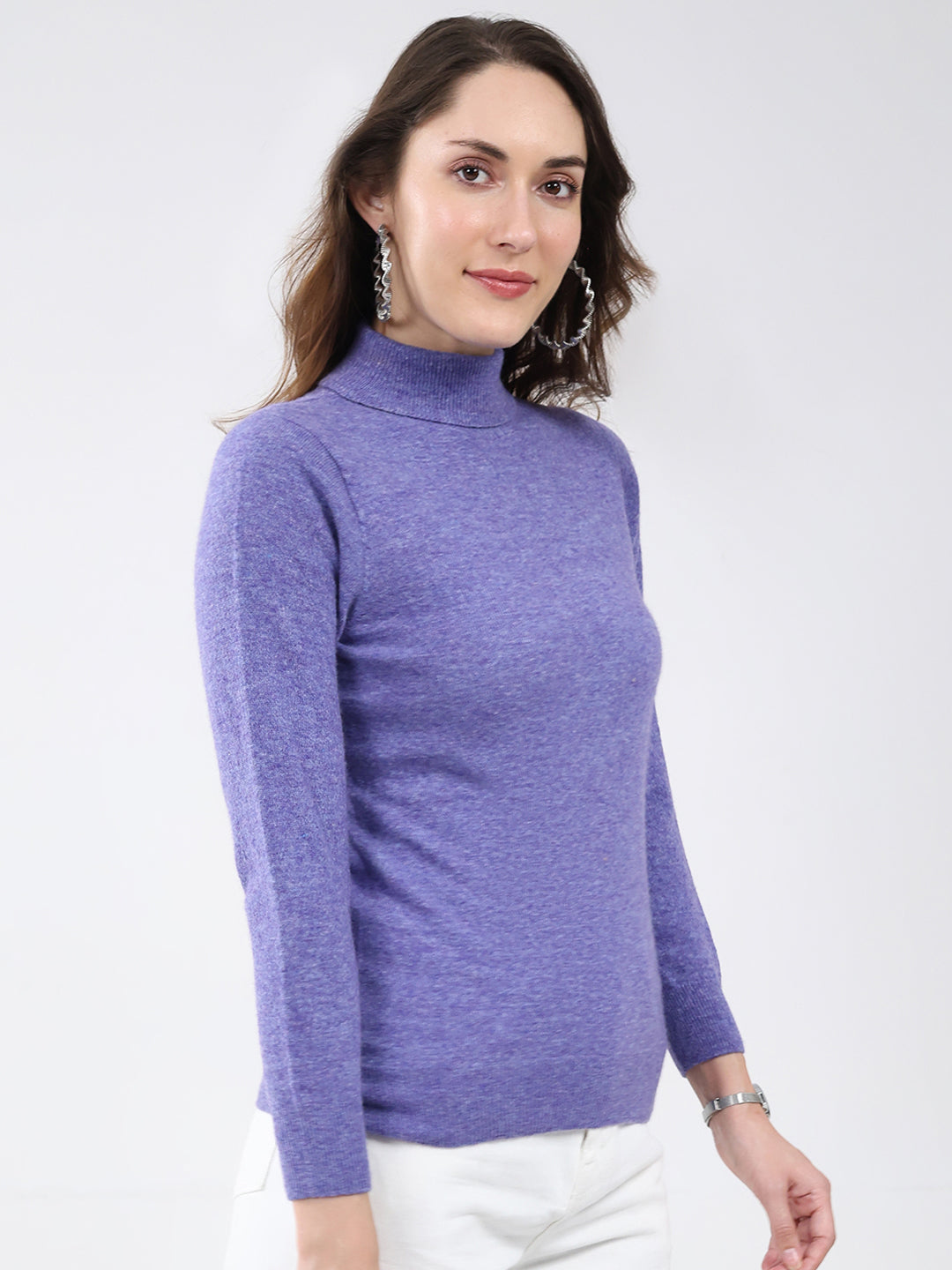 Women Purple Solid High Neck Full Sleeve Winter Top