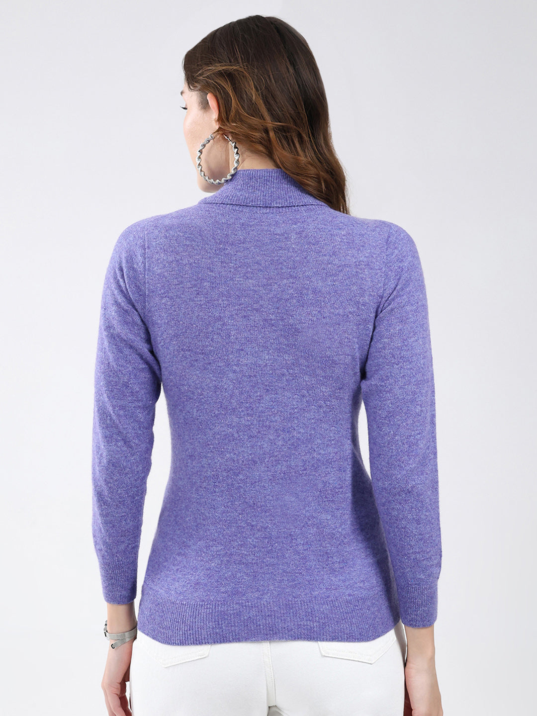 Women Purple Solid High Neck Full Sleeve Winter Top