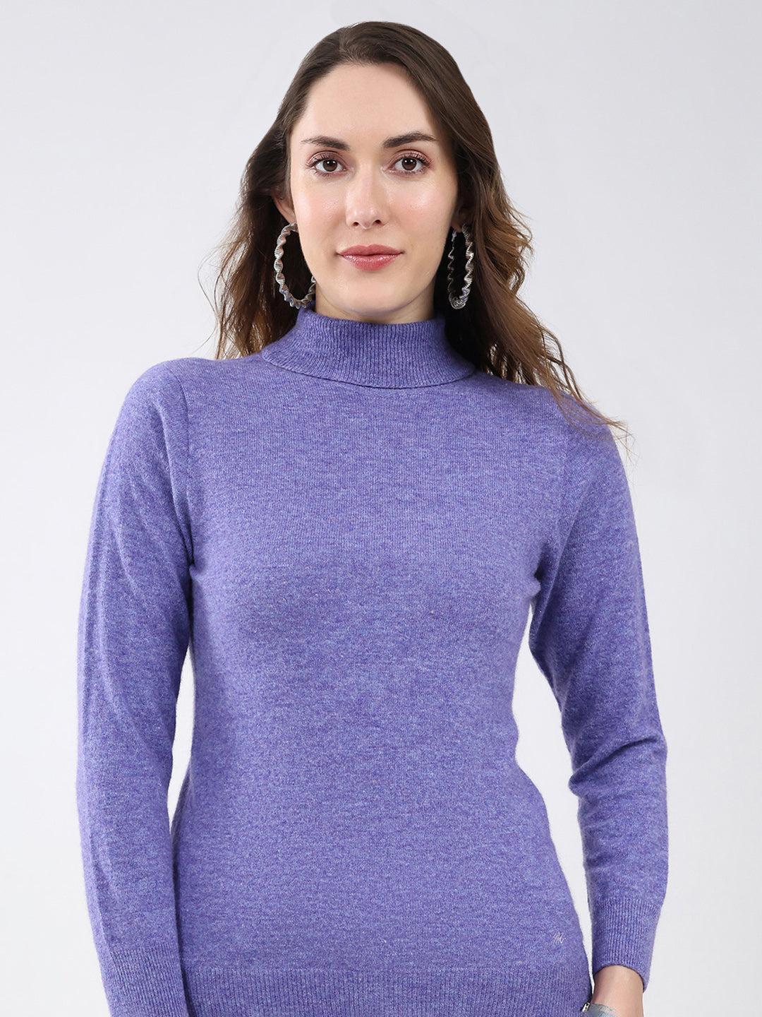 Women Purple Solid High Neck Full Sleeve Winter Top