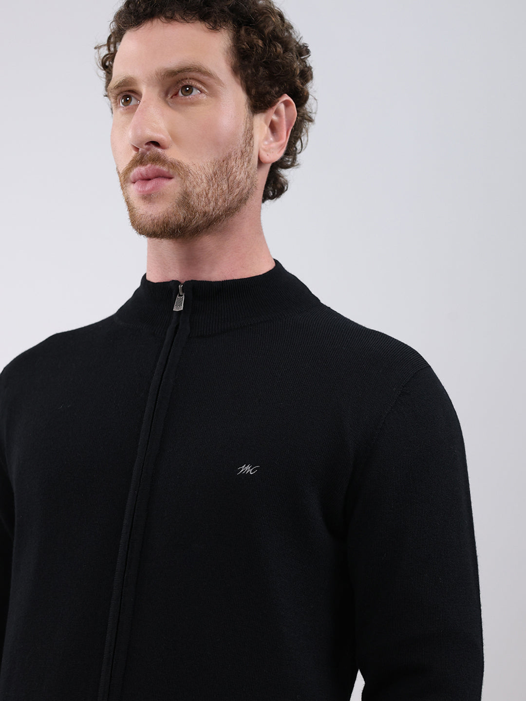 Men Black Solid Mock Neck Full Sleeve Pullover