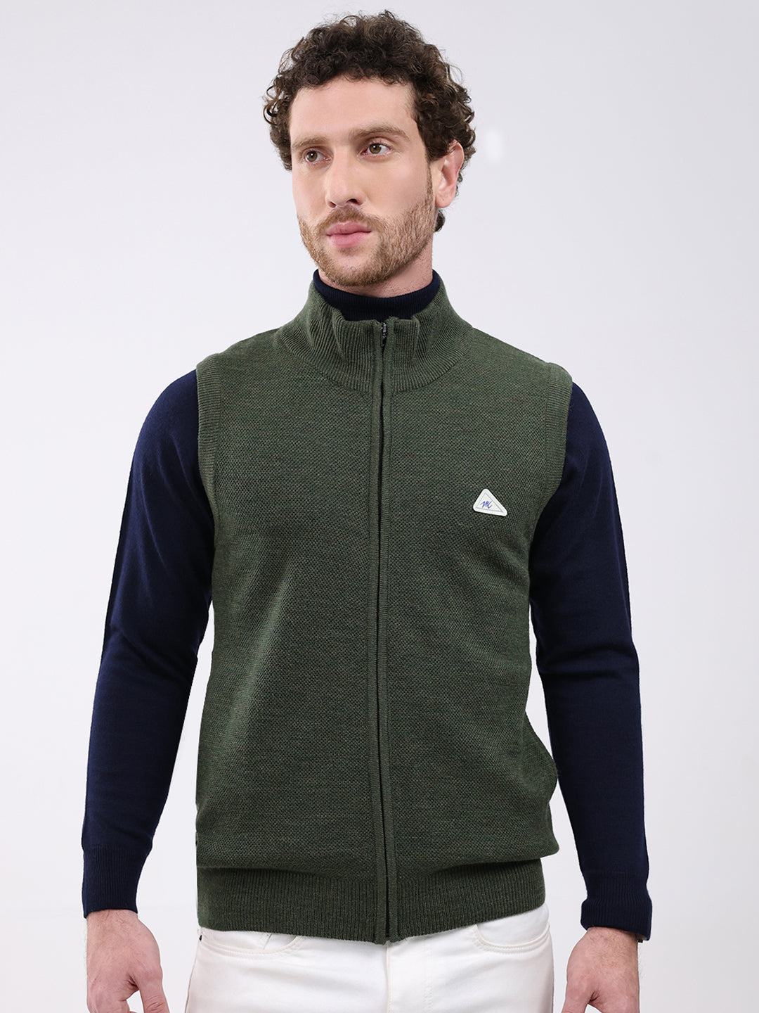 Men Green Solid Mock Neck Sleeveless Sweater