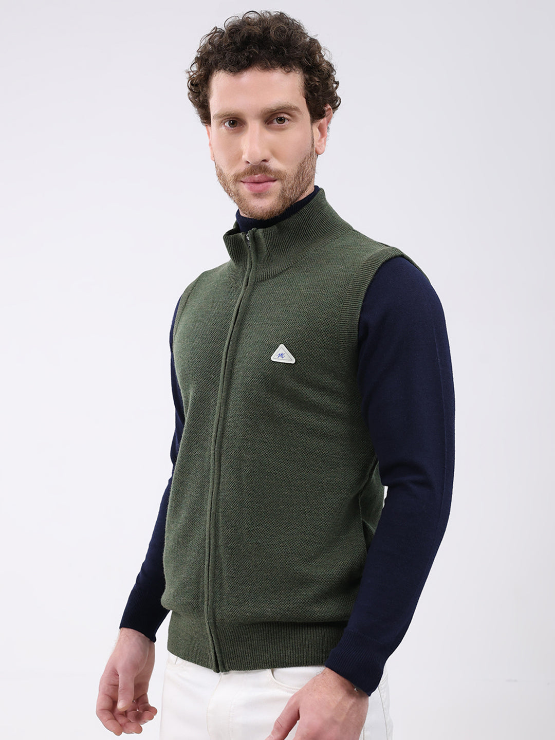 Men Green Solid Mock Neck Sleeveless Sweater