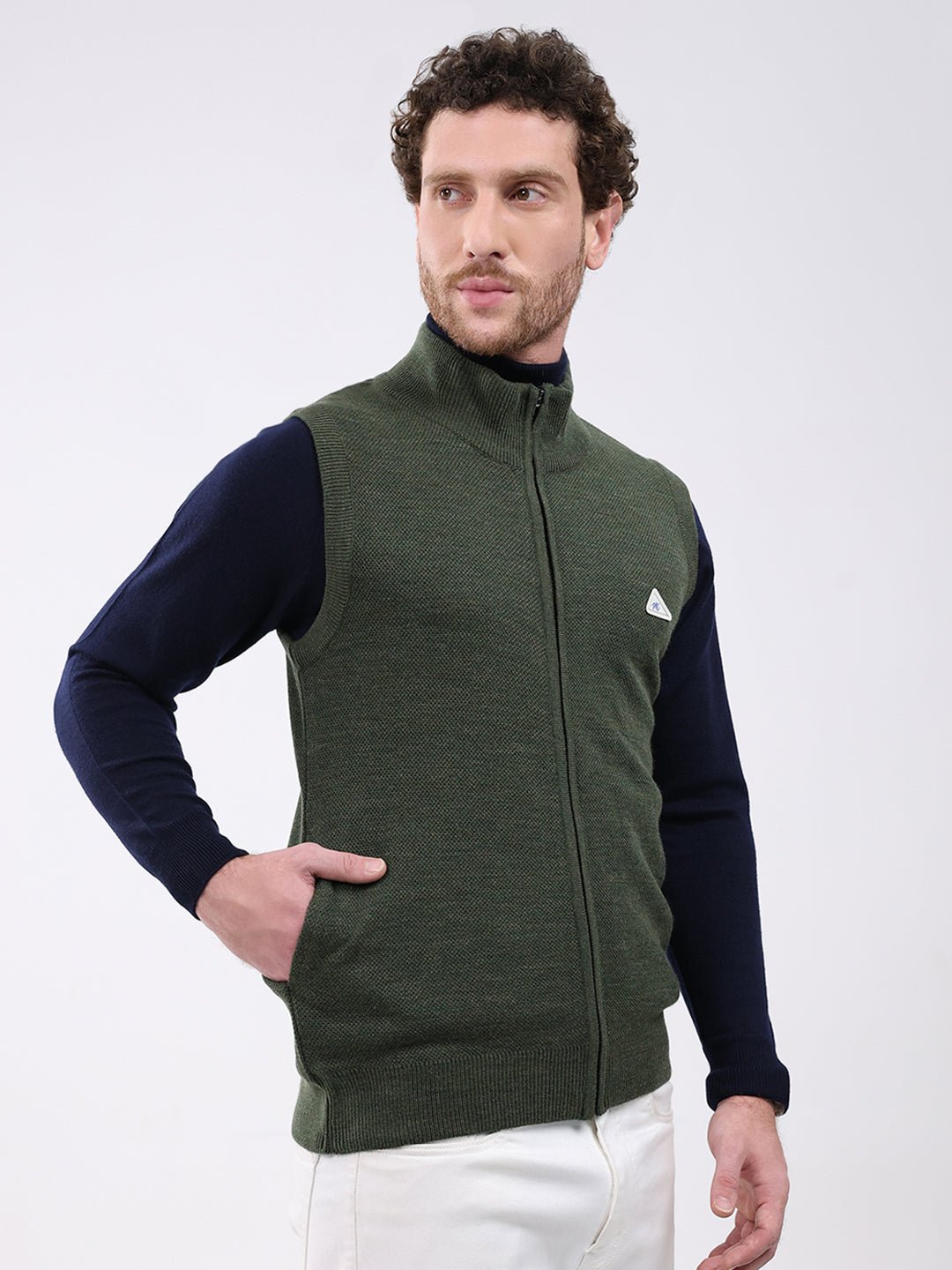 Men Green Solid Mock Neck Sleeveless Sweater