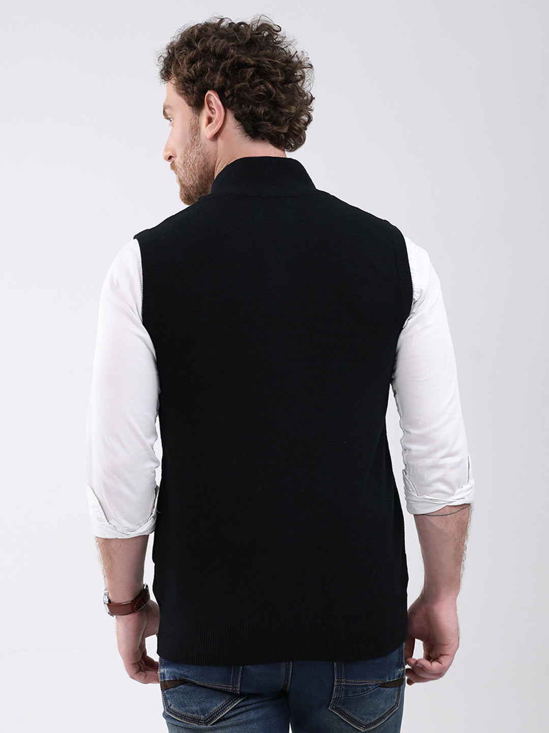 Men Black Solid Mock Neck Sleeveless Sweater