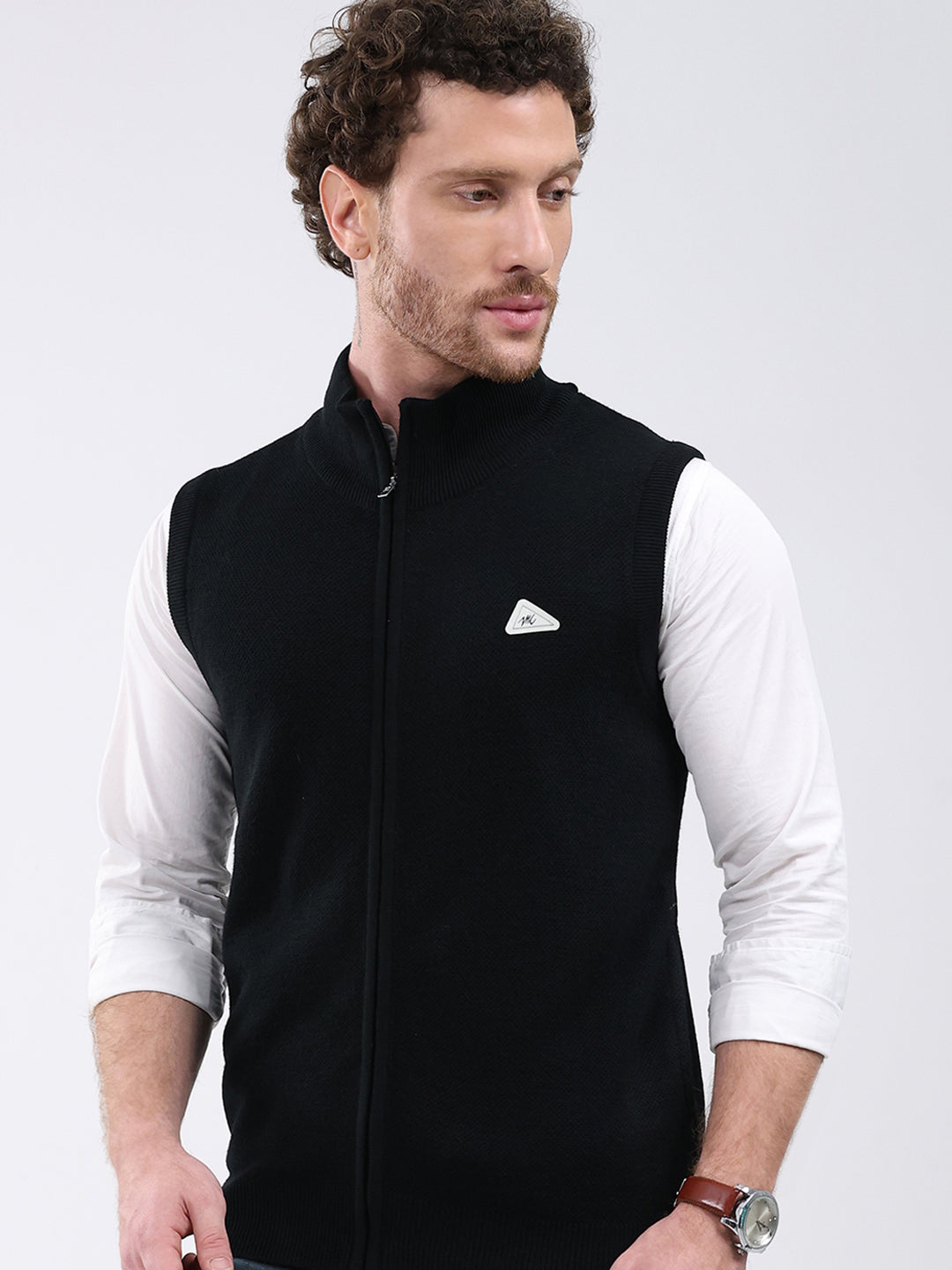 Men Black Solid Mock Neck Sleeveless Sweater