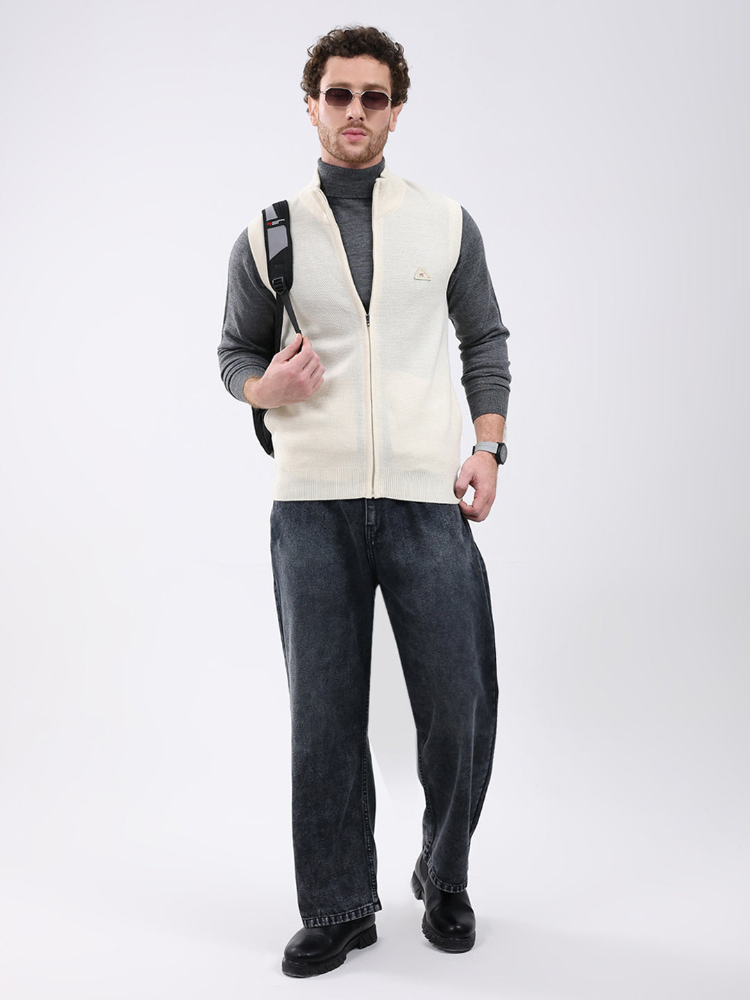 Men Cream Solid Mock Neck Sleeveless Sweater