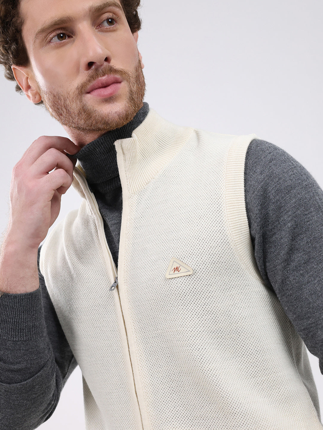 Men Cream Solid Mock Neck Sleeveless Sweater