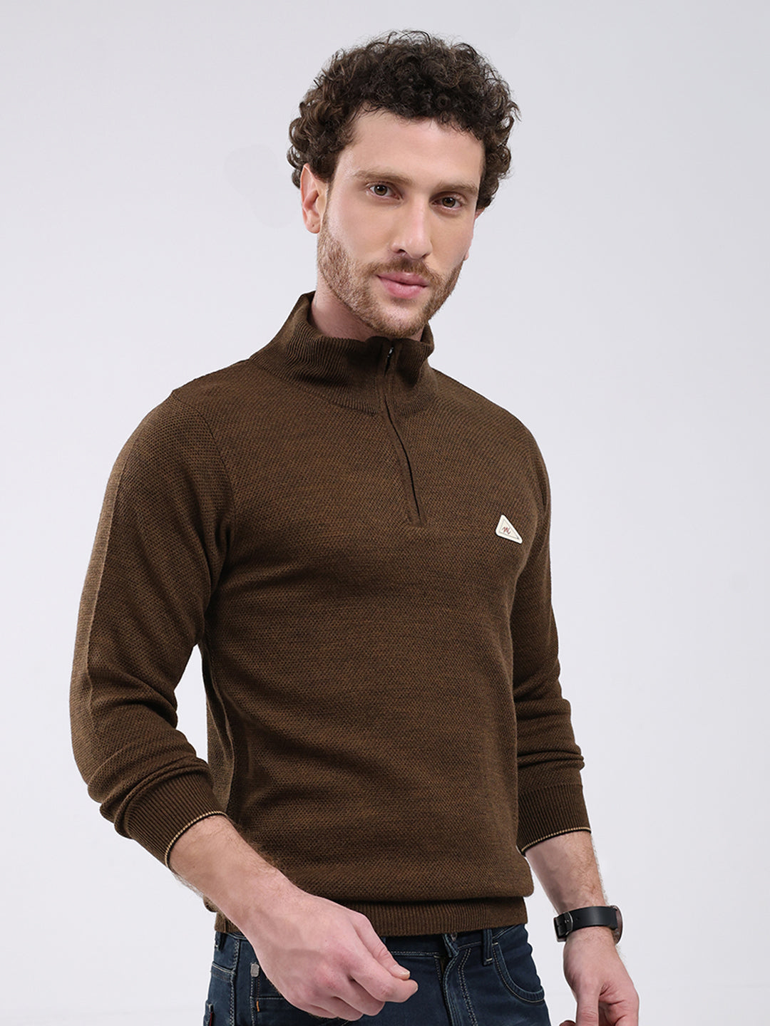 Men Brown Solid Mock Neck Full Sleeve Pullover