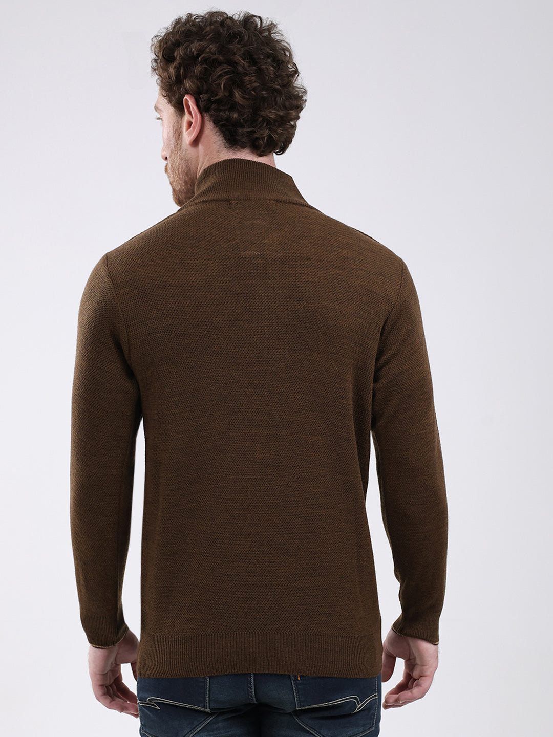 Men Brown Solid Mock Neck Full Sleeve Pullover