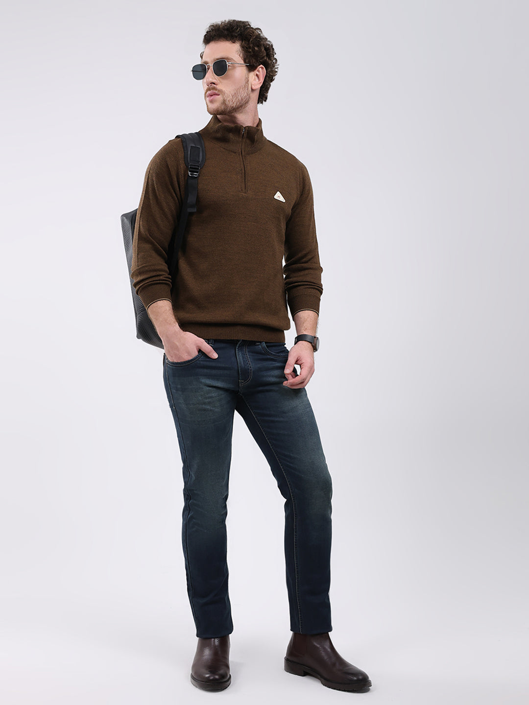 Men Brown Solid Mock Neck Full Sleeve Pullover