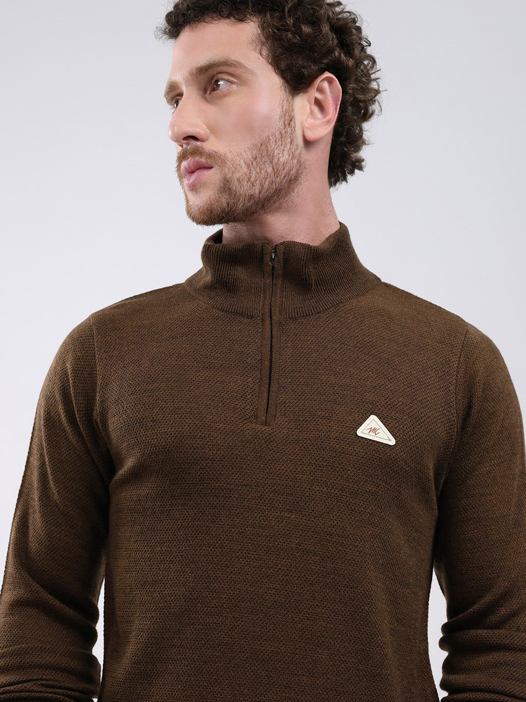 Men Brown Solid Mock Neck Full Sleeve Pullover