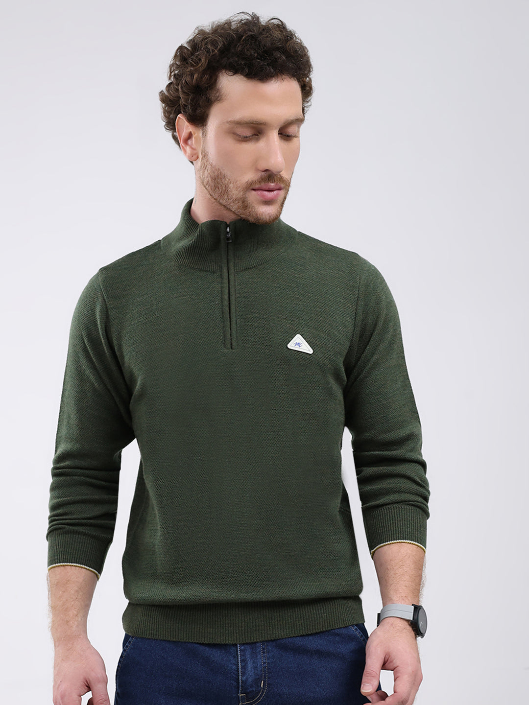 Men Green Solid Mock Neck Full Sleeve Pullover