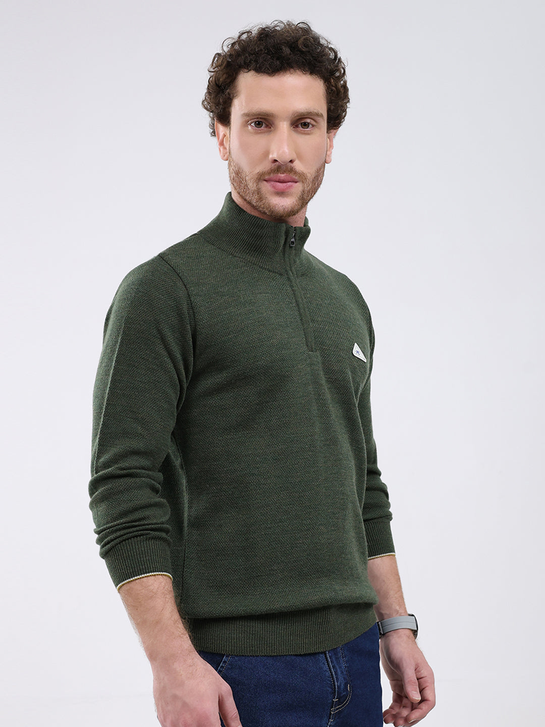Men Green Solid Mock Neck Full Sleeve Pullover