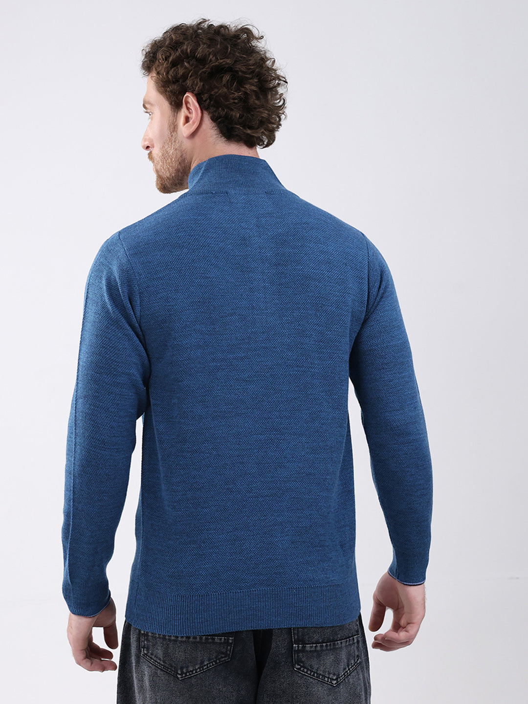 Men Blue Solid Mock Neck Full Sleeve Pullover
