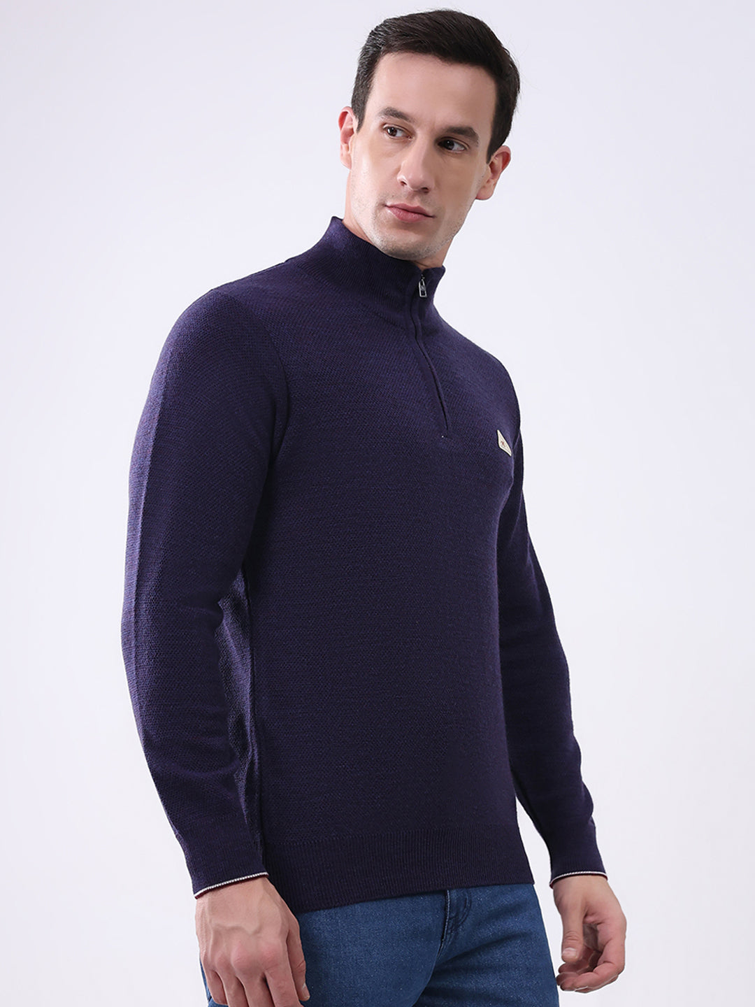 Men Purple Solid Mock Neck Full Sleeve Pullover