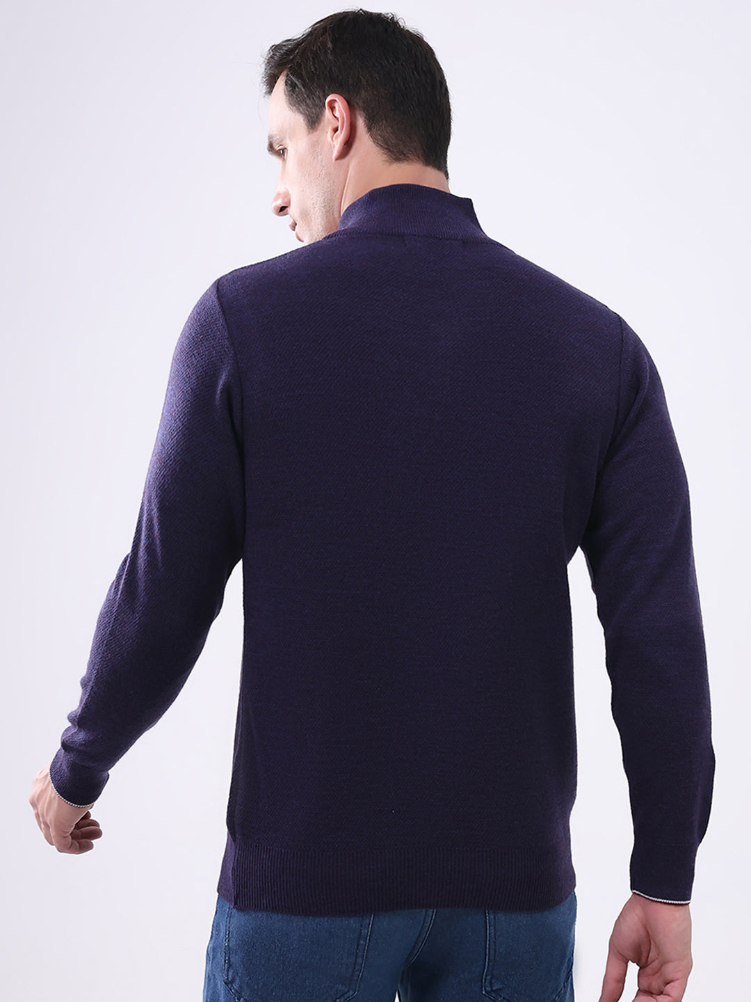 Men Purple Solid Mock Neck Full Sleeve Pullover