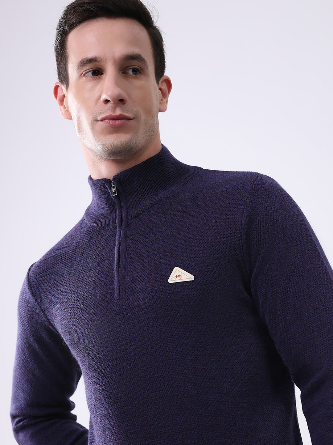 Men Purple Solid Mock Neck Full Sleeve Pullover