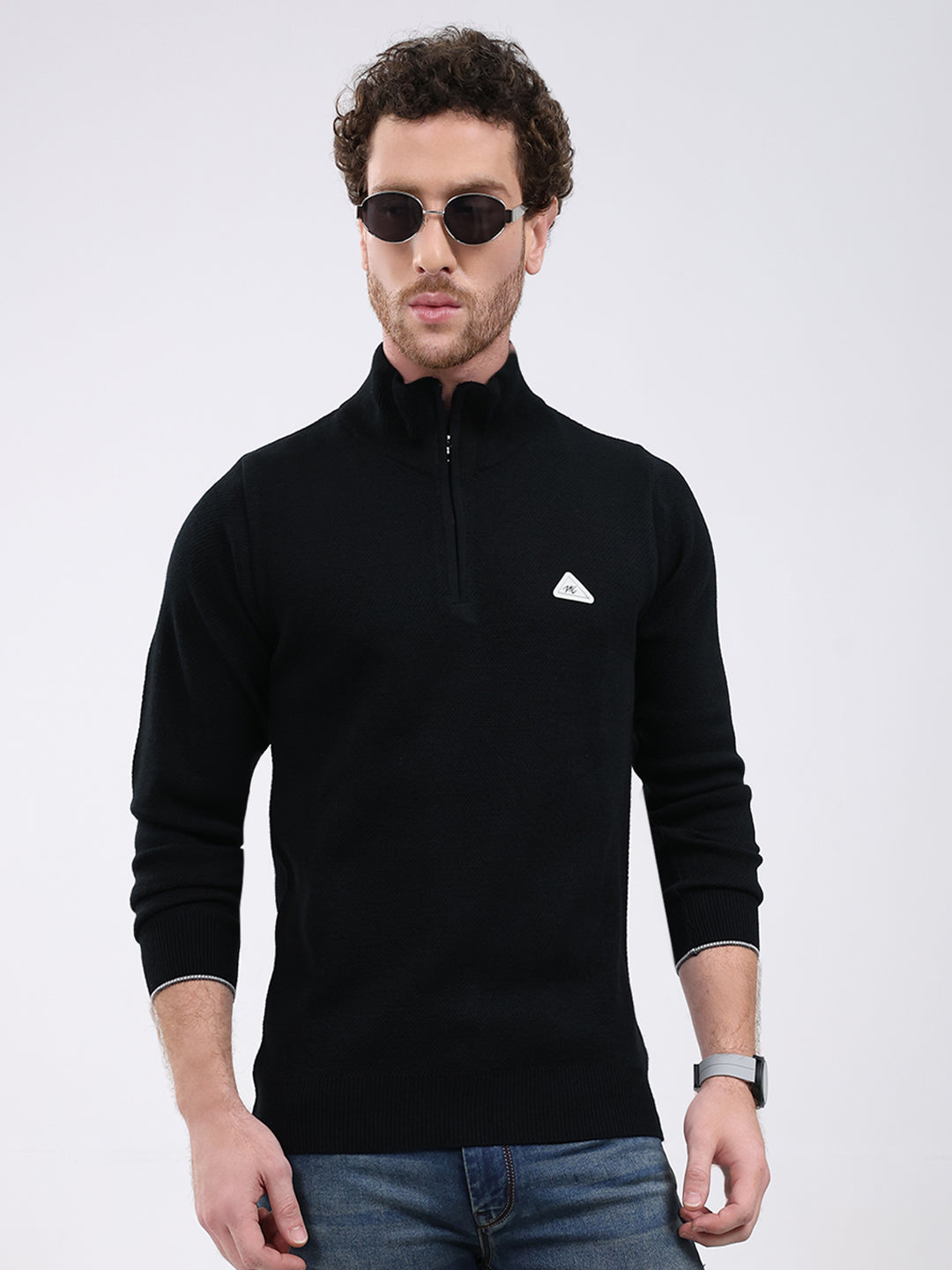 Men Black Solid Mock Neck Full Sleeve Pullover