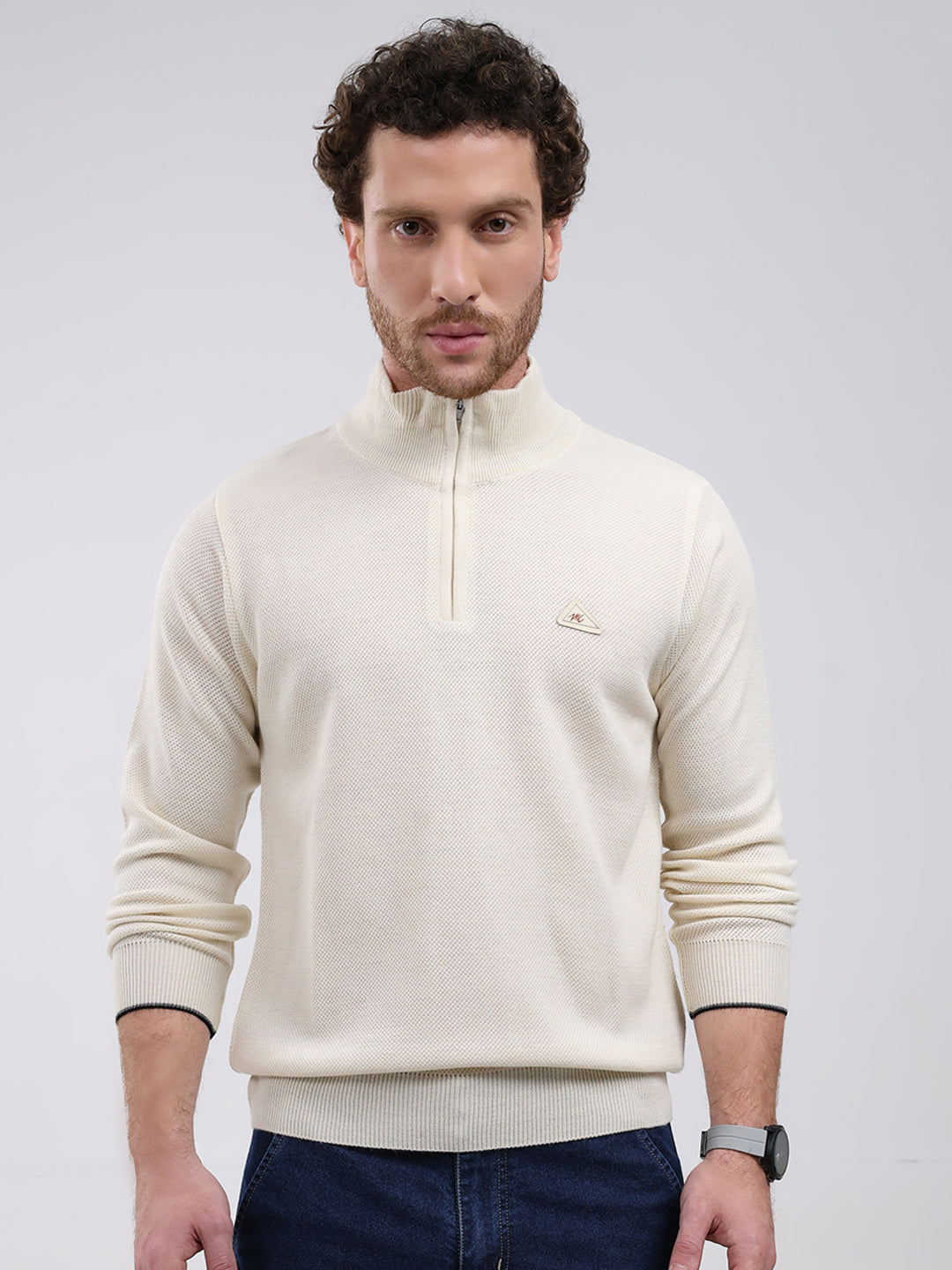 Men Cream Solid Mock Neck Full Sleeve Pullover