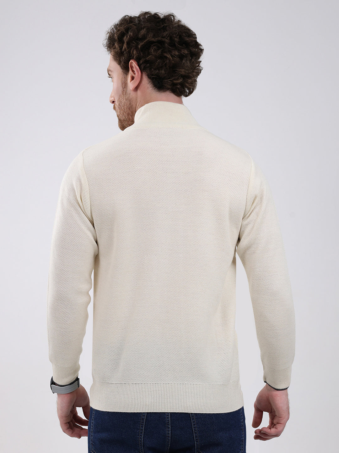Men Cream Solid Mock Neck Full Sleeve Pullover