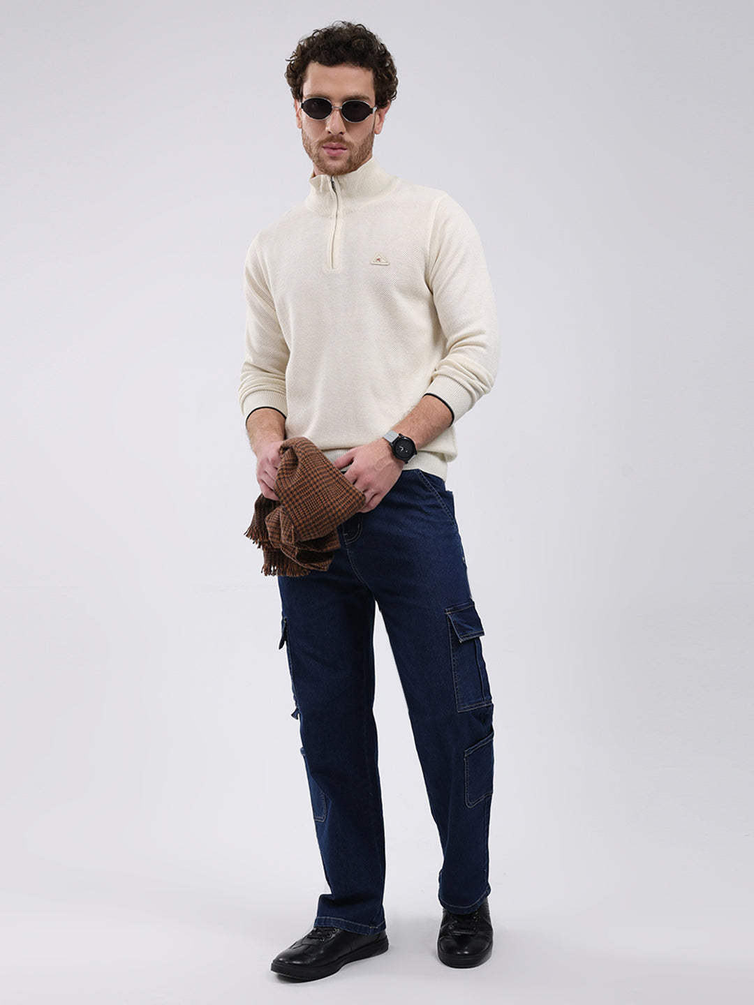 Men Cream Solid Mock Neck Full Sleeve Pullover