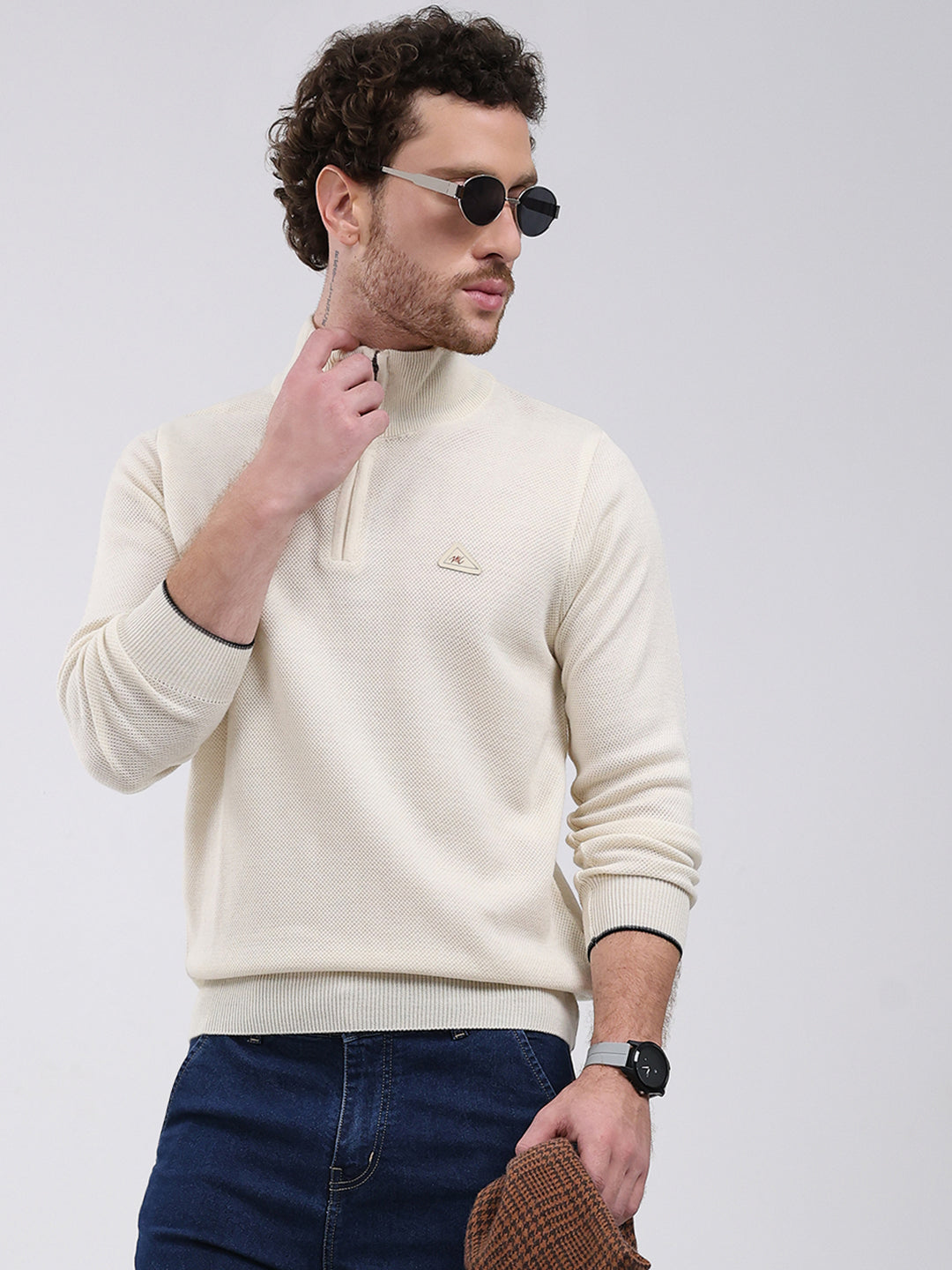 Men Cream Solid Mock Neck Full Sleeve Pullover